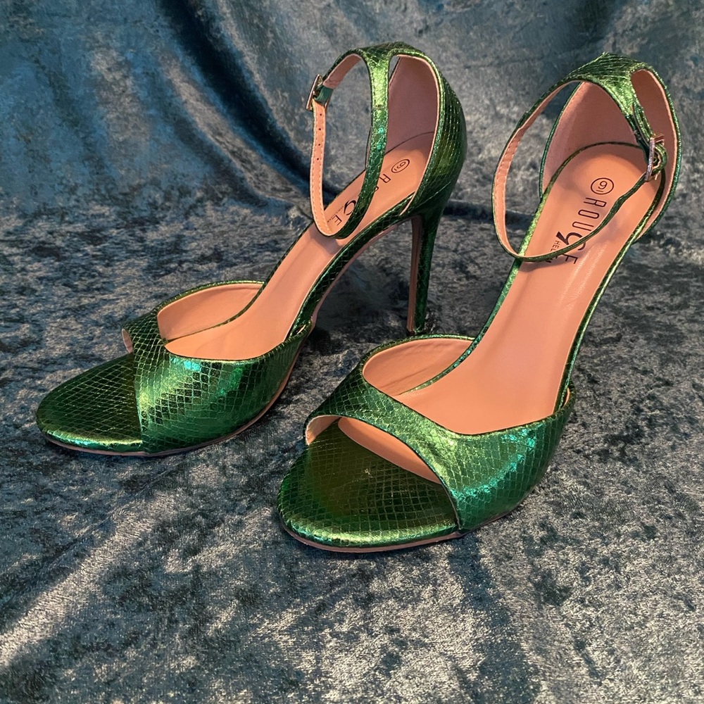 Rouge! Shimmering Green Ankle Strap Heels